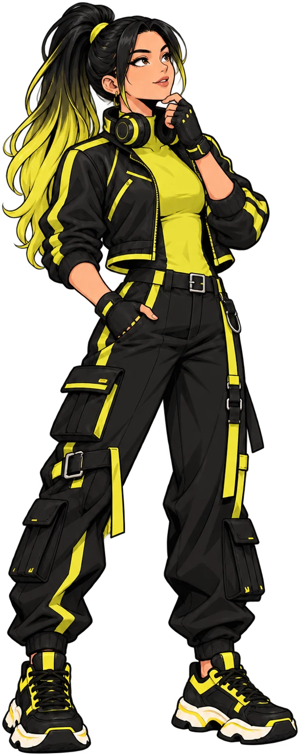 A KOLY specialist with a lime-tipped ponytail, hand on chin, thinking a question through